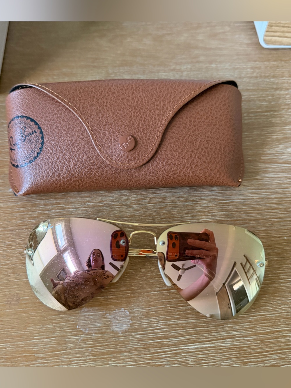 Gold-Tone Mirrored Aviator Sunglasses with Brown Case